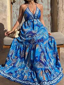 Sunnyshic Plus Size Women Casual Halter Neck Cashew Print Dress - Royal Blue - View 1