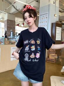 DAZY 女款圓領短袖寬鬆印花休閒T恤 - 寶藍色 - 查看 5