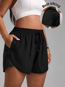 Rhythm Era 大尺碼女款夏季極簡純色抽繩腰斜口袋寬鬆運動短褲 - 黑色 - 查看 3