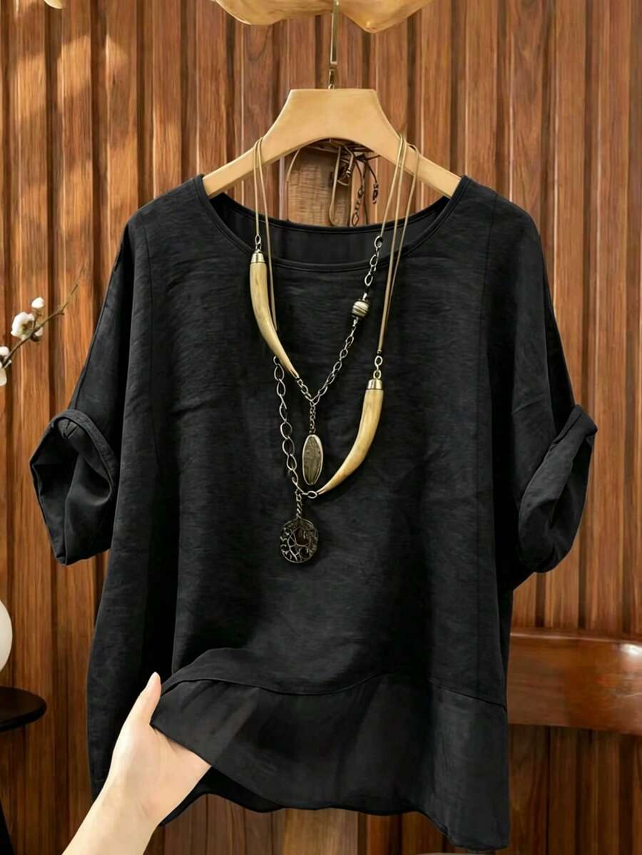Linhara Spring/Summer Fashion Casual Resort Wear Simple Plus Size Crew Neck Solid Color Women's Shirt Plus Size Women's Beach Top - Black - View 1