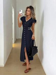 Easowa V-Neck Contrast Trim Decorative Button Flutter Sleeve Ruffle Ruched Bow Front High Slit A-Line Umbrella Sun Dress Casual Relaxed Elegant Commuter Old Money Style Vacation Spring Summer Women's Long Dress - Navy Blue - View 5
