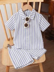 SHEIN 2pcs Young BoyTextured Striped Knit Shirt And Shorts Set - Multicolor - View 5