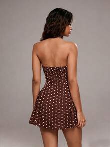 TRNVIE Women's Polka Dot Print Deep V-Neck Sexy Halter Dress - Coffee Brown - View 2