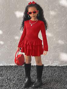 Coolane Kids Gaun Hitam Lengan Panjang Elegan Warna Polos dengan Hiasan Rumbai untuk Remaja Perempuan Musim Panas/Semi, Gaun Musim Gugur & Musim Dingin untuk Paduan Busana Merah, Pakaian Remaja Perempuan, Pakaian Y2k - Merah - View 4