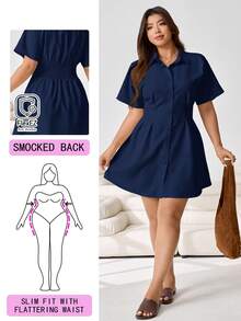 Solflare Plus Size Women's Solid Color Pleated Casual Party Short Sleeve Dress - Navy Blue - View 1