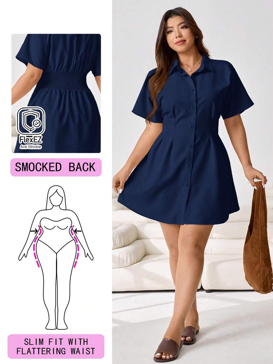 Solflare Plus Size Women's Solid Color Pleated Casual Party Short Sleeve Dress - Navy Blue - View 1