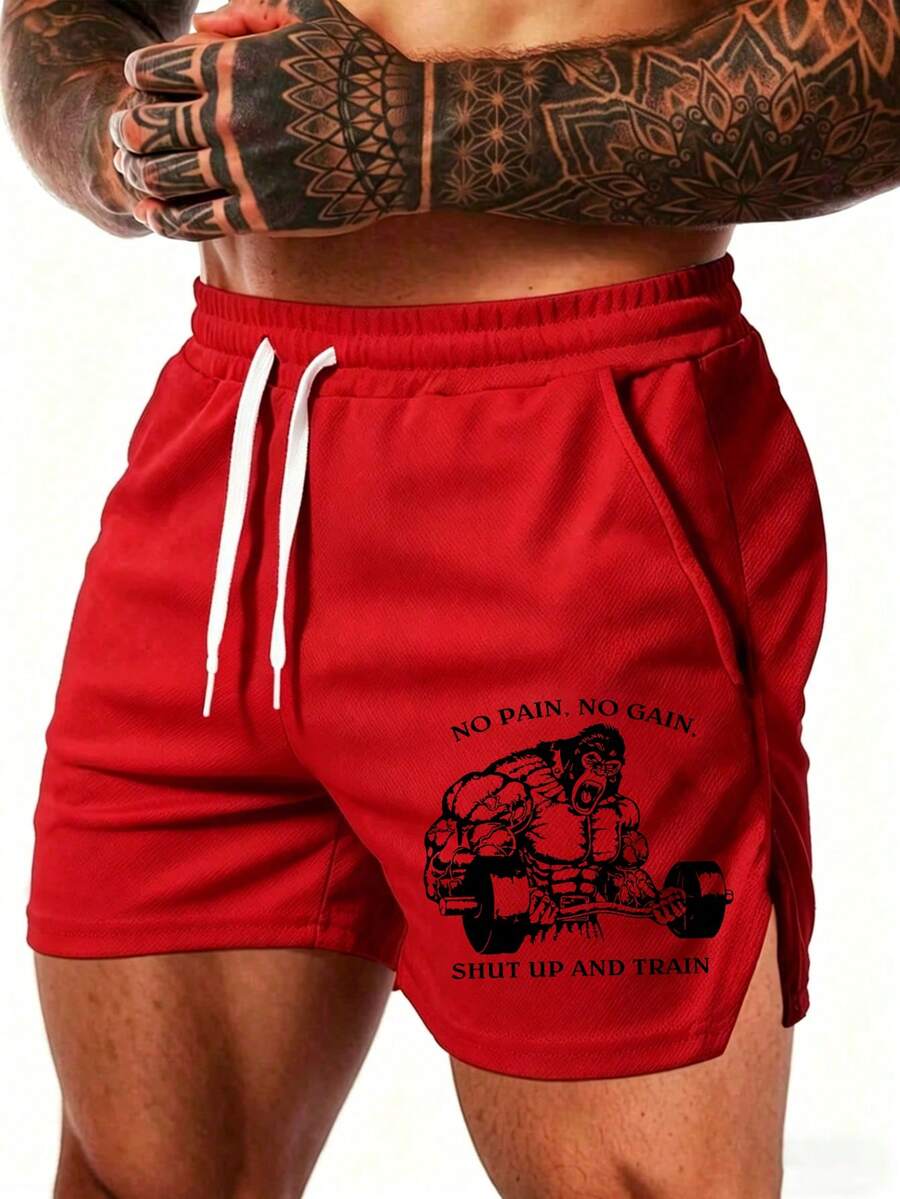 GymBeat Men's Slogan Gorilla Print Drawstring Waist Casual Sports Shorts - Red - View 1