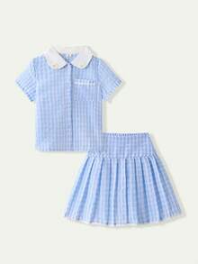 Casuvi Kids 少女格紋單排扣短袖襯衫與百褶迷你裙休閒日常套裝 - 藍色 - 查看 3