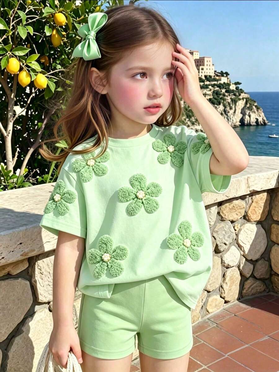 SHEIN Sparklyn 少女 2件/套休閒時尚百搭春夏季T恤套裝,可愛甜美草綠色碎花上衣,寬鬆圓領短袖T恤與單車短褲 2件/套,春夏季服裝套裝,時尚女孩穿搭,休閒穿著,新風格,春季氛圍,輕鬆夏季度假 - 彩色 - 查看 1
