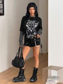 Coolane 女款秋冬街頭風休閒嬉皮學院風龐克哥德風純棉圖案寬版長袖T恤 - 黑色 - 查看 2