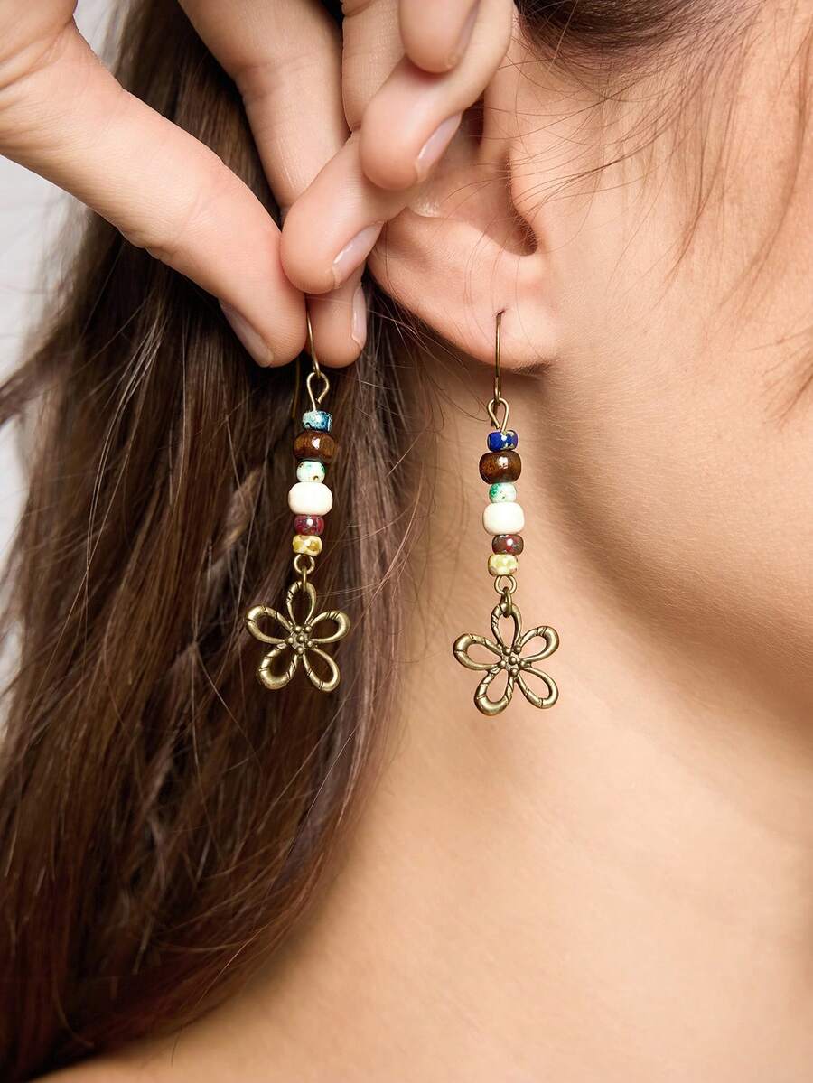 ROMWE Fairycore 2 buah Anting Batu Alam Motif Bunga Boho, Anting Liontin Logam Aneka Warna untuk Wanita, Cocok untuk Pesta Sehari-hari dan Musim Panas