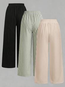 SHEIN Essnce 3pcs/Set Women's Casual Waist Tie Straight Leg Pants With Pockets, Suitable For Summer - Multicolor - View 2