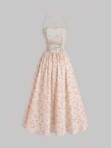 Vestido largo elegante de mujer con estampado floral y diseño de cordones en la espalda, vestido midi de verano con espalda descubierta, vestido midi floral ajustado con cordones en - Rosa - Ver 4