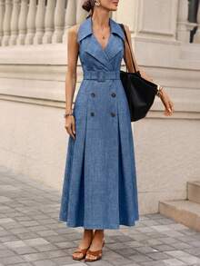 Editum Rochie elegantă de vară pentru femei, albastră, cu buline, rever și breton dublu, fără mâneci, croială A-line, midi, stil retro francez, pentru vacanță și brunch - Albastru - Vizualizare 8