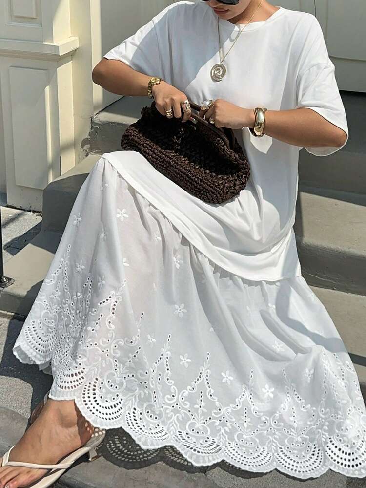 Dazy Plus Summer Round Neck Short Sleeve Lace Patchwork Vacation Style Casual Long Knit White Dress, Plus Size For Women Spring/Summer