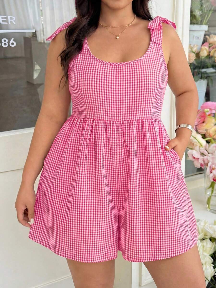 GalTyme Women's Plus Size Plaid Shoulder Bow Decor Short Jumpsuit - Hot Pink - View 1