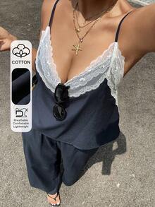 Dazy Plus 撞色蕾丝拼接吊带背心和休闲裤套装，度假风，大码女式春夏睡衣 - 藏蓝色 - 查看 1
