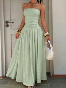 Muchica Vestido de Talla Grande sin Tirantes sin Mangas con Pliegues en Línea A - verde menta - Ver 6