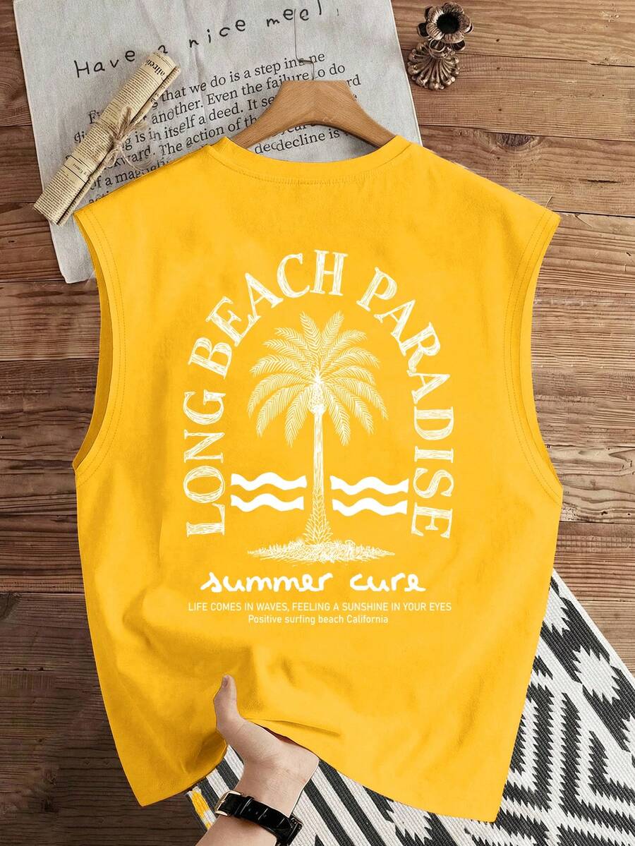 Manfinity Joysei Yellow Letter & Palm Tree Print Men's Tank Top - Yellow - View 1