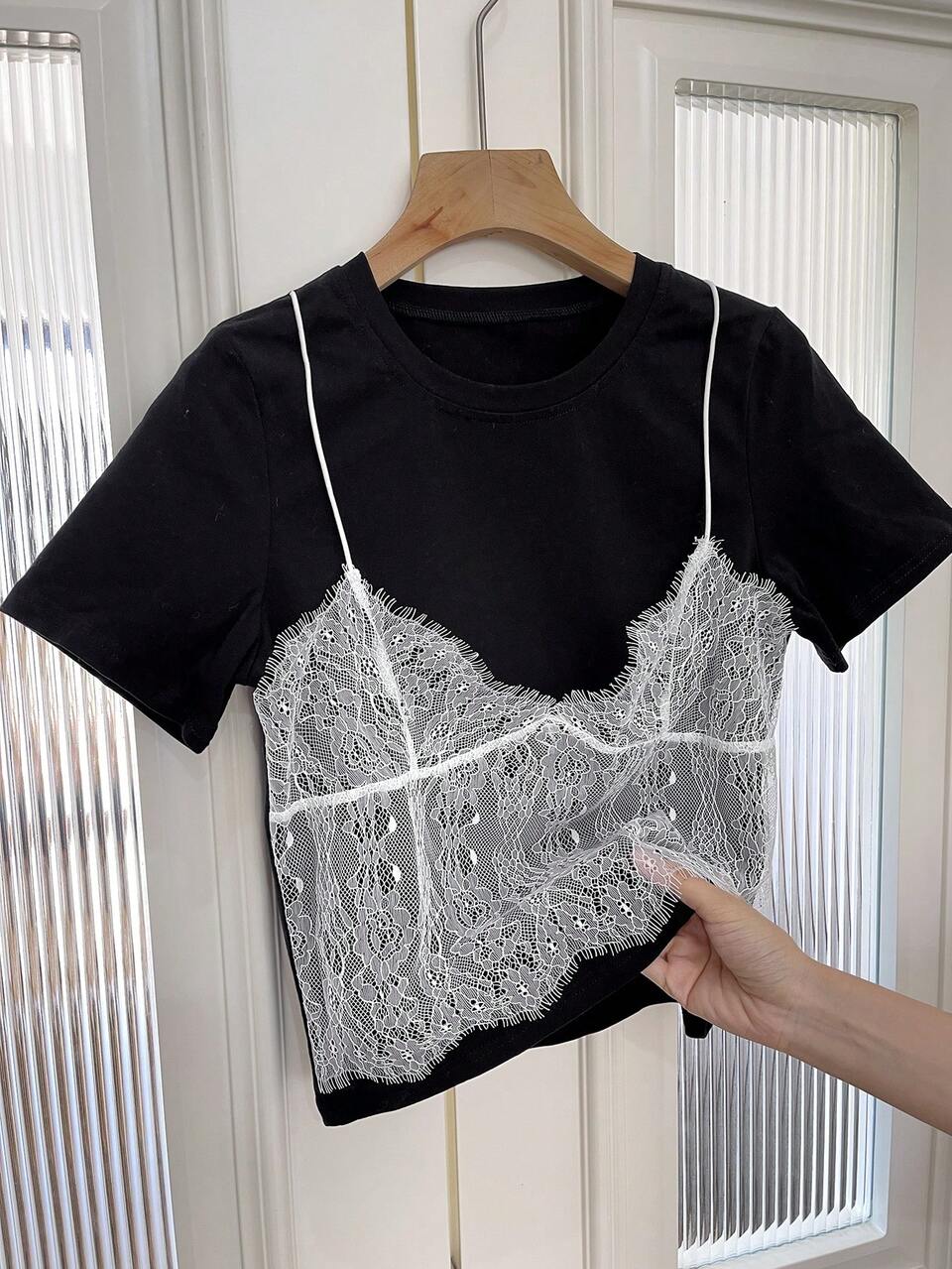 Dazy Plus Crew Neck 2 In 1 Lace Camisole Loose Fit Casual Short Sleeve Black Plus Size Women's T-Shirt, Spring/Summer