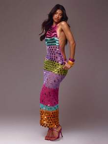 MUSERA Gaun Maxi Tanpa Lengan Model Halterneck Racerback Rajutan Terbuka dengan Payet dan Punggung Terbuka, Cocok untuk Liburan Musim Semi dan Musim Panas di Pantai, Ibiza, dan Festival, Warna Cerah - MultiWarna - View 5