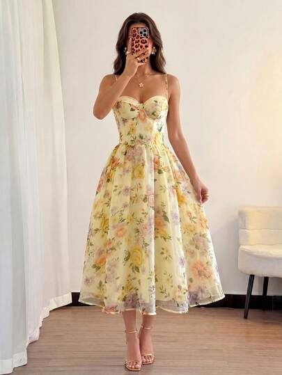 Modelyn Women's Elegant Floral Print Spaghetti Strap Midi Dress For Vacation Holiday Yellow Going Out Bohemian Boho Chic Senior 2027