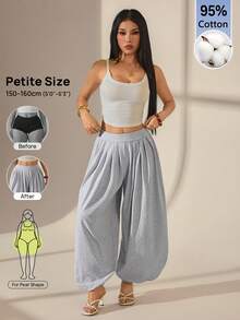 SHEIN PETITE Women's Solid Color Pleated Casual Versatile Daily Lantern Pants Loungewear Gray Autumn Going Out Everyday Work Home Festival - Grey - View 4
