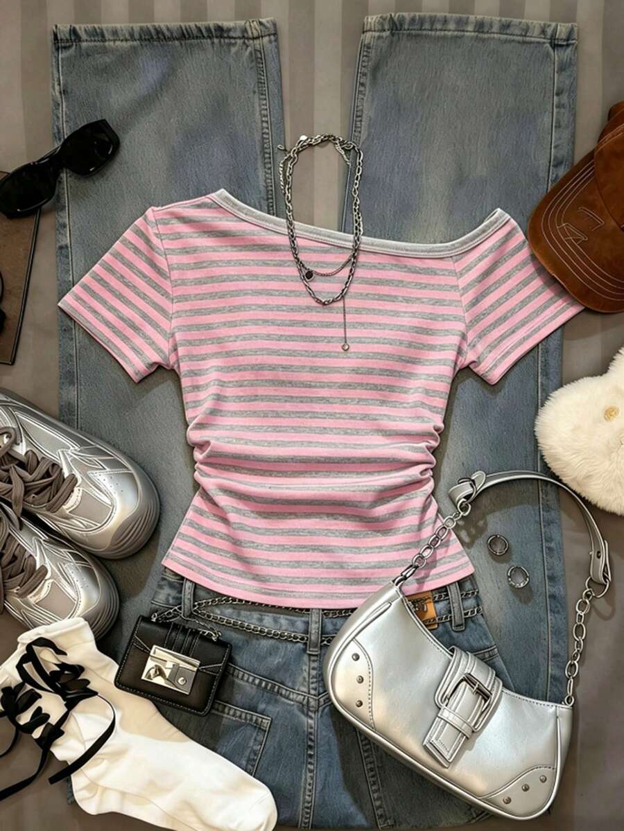 INAWLY Women's Striped Asymmetrical Shoulder Short Sleeve Slim Fit T-Shirt - White - View 1