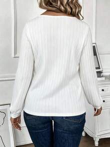 EMERY ROSE Plus Size Women Casual White Solid Color Sleeve V-Neck Long Sleeve T-Shirt Fall - White - View 2
