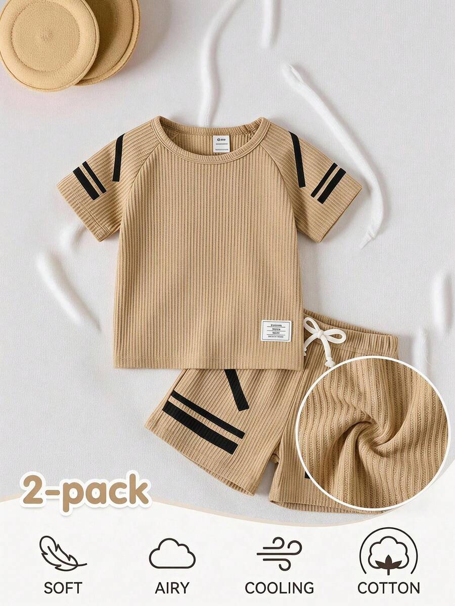 SHEIN 2件組嬰兒男童女童休閒羅紋條紋短袖圓領柔軟透氣薄款2件套服裝套裝 T恤短褲夏季日常上衣 - 彩色 - 查看 1