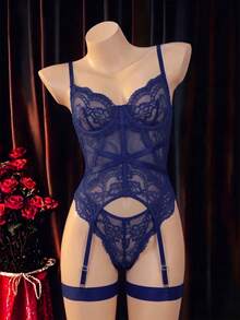 SHEIN 4件組蕾絲飾邊性感內衣套裝 - 寶藍色 - 查看 5