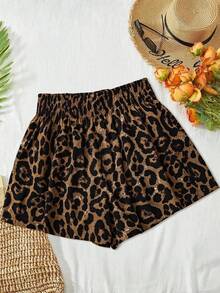 SHEIN LUNE Große Größen Leoparden-Muster Schrägtaschen Shorts für Strandurlaub, Flughafen, Damen Shorts - Verschiedenfarbig - Übersicht 2