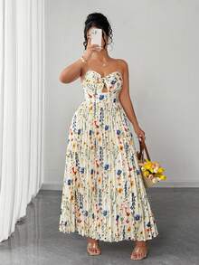 Elenzga Plus Size Women's Elegant Light Color Pleated Bustier Dress With Twisted Chest Design, Elegant Vacation & Home Wear, Slimming Long Dress For Work, Prom, Date, Party, Wedding Season, Outings - Apricot - View 7