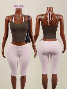 Mistrie Women's Summer Sports Casual 2 In 1 Halter Neck Tank Top And Knee Length Shorts Set - Pink - View 2