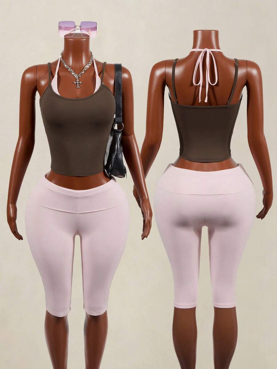 Mistrie Women's Summer Sports Casual 2 In 1 Halter Neck Tank Top And Knee Length Shorts Set