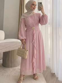 Solavon Vestido elegante de mujer talla grande con cuello redondo, mangas farol, patchwork y volantes - Rosa vieja - Ver 2