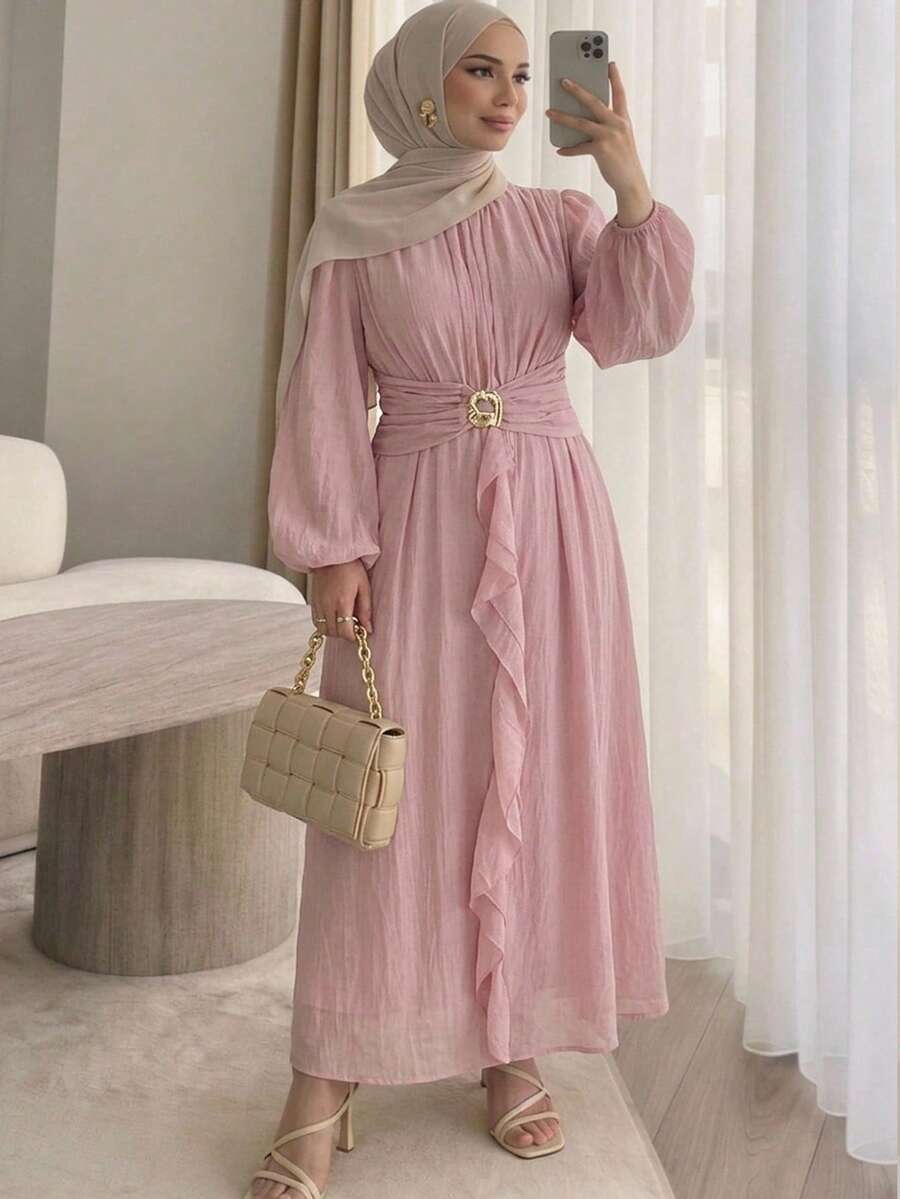 Solavon Vestido elegante de mujer talla grande con cuello redondo, mangas farol, patchwork y volantes