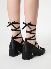 ROMWE Kawaii Minuet Mid Heel Satin Bowknot Ballet French Style Square Toe - Black - View 2