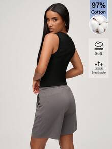 SHEIN BASICS 女款素色修身百搭日常休閒上衣 - 黑色 - 查看 3