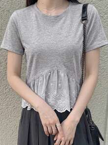 DAZY 女款純色圓領短袖蕾絲拼接休閒夏季上衣 可愛上衣 校園風 - 灰色 - 查看 4