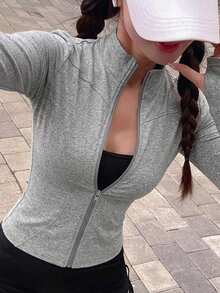 DAZY 女款素色彈性小立領修身長袖夾克運動休閒春秋冬 - 灰色 - 查看 1