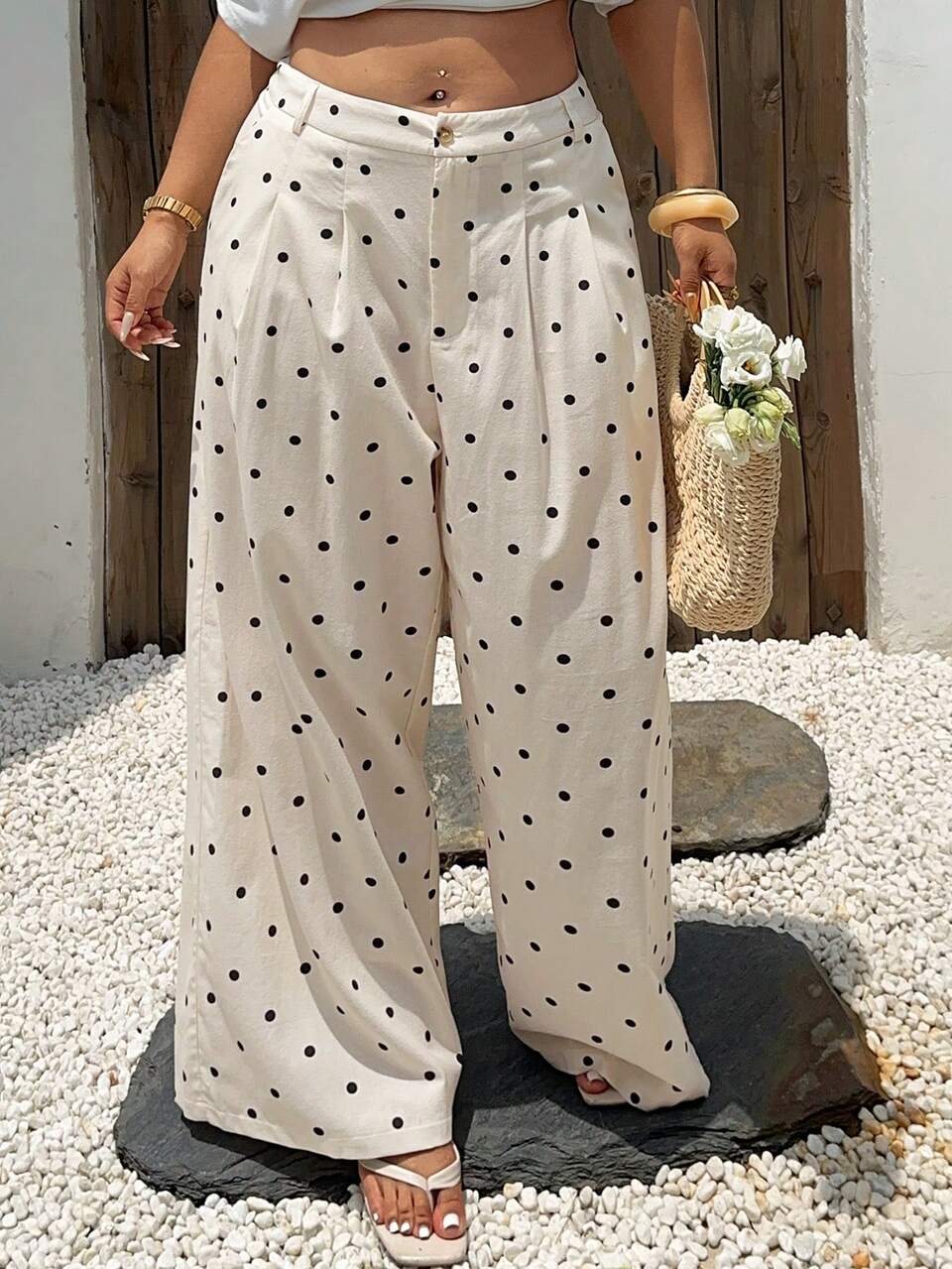 Dazy Plus Elastic Waist Loose Polka Dot Wide Leg Pants, Fashionable Casual Resort Style, Plus Size Women, Spring/Summer, White
