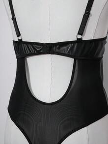 AltCore Lace Patchwork PU Leather Plus Size Fashion Pioneer Sexy Lingerie With Underwire 2pcs Set[Plus Size Bodysuit + Choker] - Black - View 4
