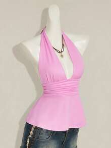 SHEIN ICON 萬聖節女性掛脖露背粉色娃娃裝背心，適合夜店、度假、外出，夏季性感款 - 粉色 - 查看 8