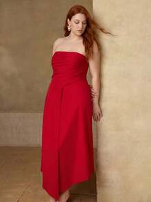 MOTF PREMIUM PLUS SIZE PLEATED STRAPLESS DRESS - Red - View 5