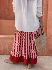 Flora Isola Flora Isola Women's Wavy Pattern Elastic Waist Contrast Color Elegant Boho Loose Skirt Beach Pink Striped Autumn - Multicolor - View 2