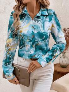 SHEIN Clasi Marble Print Button Front Long Sleeve Shirt,Long Sleeve Tops - Teal Blue - View 6