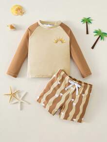SHEIN 2pcs/Set Baby Boy/Girl Summer Casual Vacation UV Protection Long Sleeve Swimsuit & Swim Trunks Set, Suitable For Beach, Pool, Spa - Multicolor - View 4