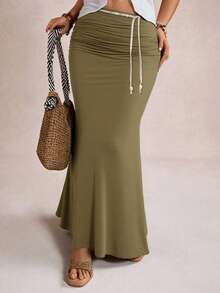 Freevana Plus Size Elegant Romantic Vintage A-Line Maxi Knit Skirt, Suitable For Parties And Gatherings, Autumn/Winter - Army Green - View 4