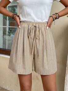 EMERY ROSE Women's Drawstring Waist Beige Colorblock Casual Versatile Daily Outing Shorts Vacation Summer - Khaki - View 6